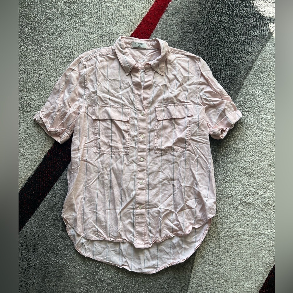 Babaton Pink Striped Short Sleeve Button-Down Shirt